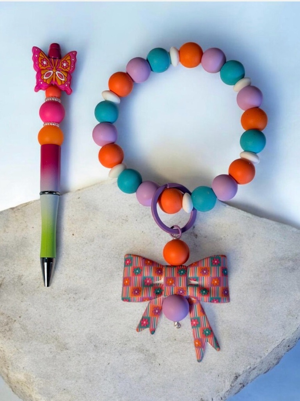 Handmade Colorful Beaded Wristlet Keychain with bow & Butterfly Pen Set
